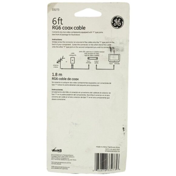 GE RG6 Coax Cable 6 Ft Black Audio/Video Connector Television NIB - Picture 2 of 3